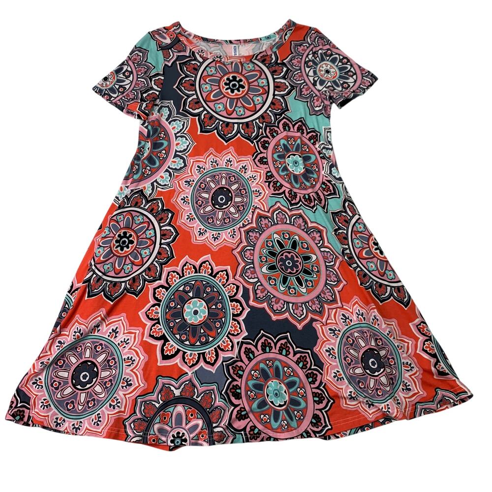 Korsis Womens Sz Medium Tee Shirt Dress Mandalas Pink Orange Teal Circle Pattern